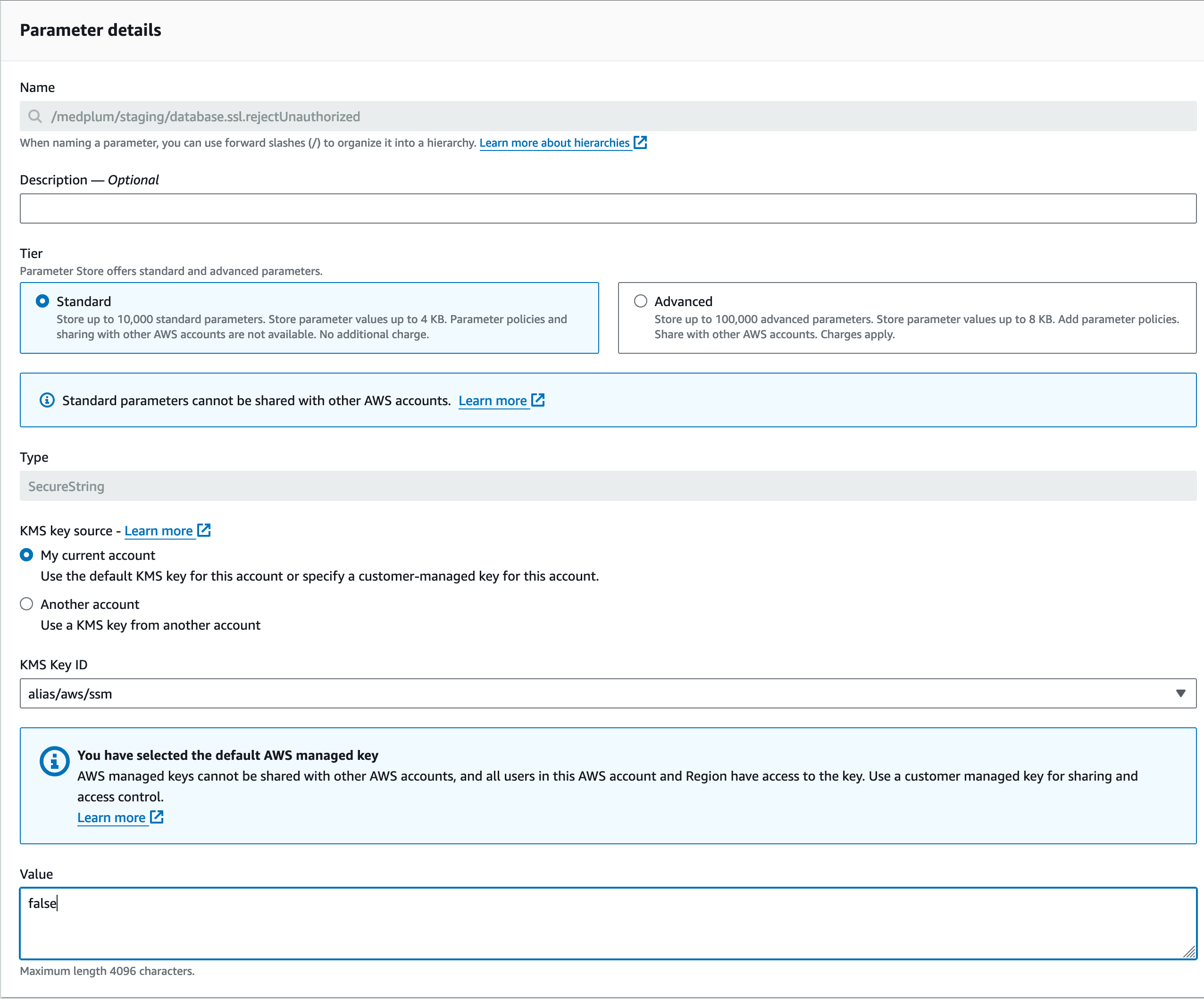 AWS Console screenshot showing the "database.ssl.rejectUnauthorized" setting is set to "false" in AWS Parameter Store